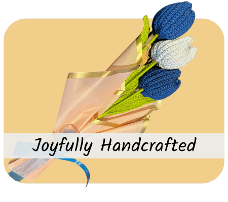 Button reading 'Joyfully Handcrafted' featuring crochet flowers.