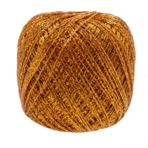 Gold colored, metallic yarn skein.