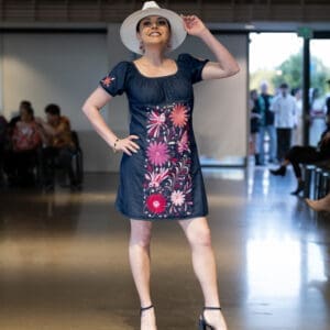 Blue Denim Dress with Pink Otomí Embroidery – Essence Collection, Size M