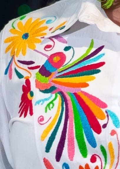 Close-up detail of a multicolor hand-embroidered Otomi hummingbird with rainbow feather plumes and yellow daisy on white cotton fabric