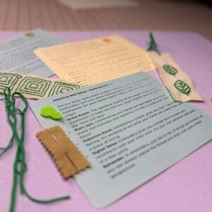 B Magic Craft Hands DIY embroidery bookmark kit featuring green stitched leaves pattern, colorful threads, and mental health wellness benefits card