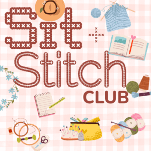 Sit and Stitch Club Bentonville event graphic featuring embroidery hoops, yarn, cross-stitch, and knitting supplies for textile arts