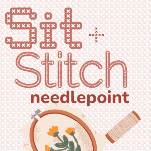 Graphic for Sit and Stitch free needlepoint event in Bentonville Arkansas showing 1 wooden hoop with yellow stitched flowers and 1 spool of thread. Gráfico del evento gratuito Sit and Stitch de needlepoint en Bentonville Arkansas mostrando 1 aro de madera con flores amarillas y 1 carrete de hilo.